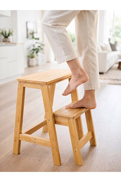 Karçiçeği Home Bambu Basamaklı Katlanabilir Merdiven Mutfak Tabure Vernikli K...