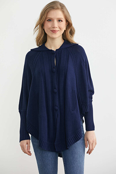 Sementa Polo Collar Buttoned Cape Cardigan - Navy Blue