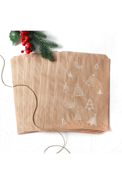 Bimotif Çam desenli kese kağıdı, kraft-beyaz 18x30 cm - 25 adet