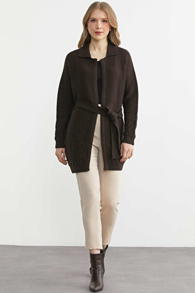 Sementa Polo Collar Belted Wool Knitwear Cardigan - Brown