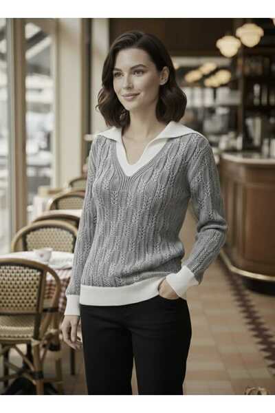 TRQOM Tricotaje pentru femei Pulover gri cu decolteu în V, cu mâneci lungi, c...