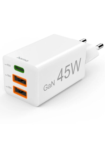 Hama GaN 1x USB-C + 2x USB-A PD 45W Alb