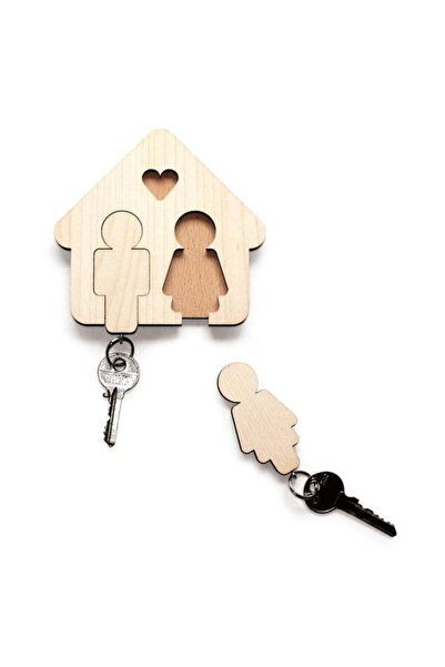 Amco Wooden key holder for couples in the shape of a house and keychain included