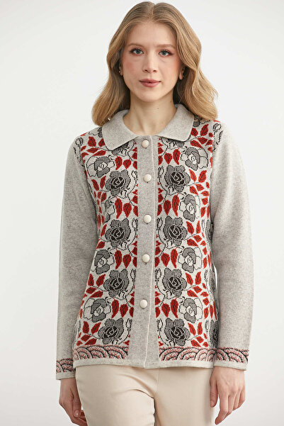 Sementa Вълнен плетен кардиган с поло яка и закопчаване с копчета - светлобежов