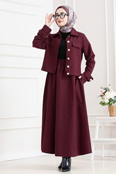Sevitli Double Hijab Set with Sleeve Patches-Bordo