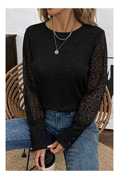 byasafkids Women's Long Sleeve Crew Neck Tulle Sleeve Waffle Blouse