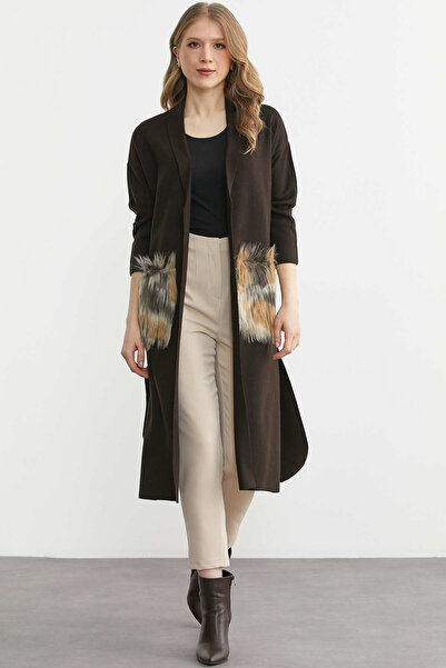 Sementa Shawl Collar Feather Detailed Long Jacket with Pockets - Brown