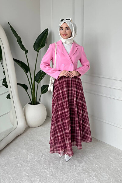 Tesettür Diyarı Noram Plaid Pattern Lined Tulle Hijab Skirt - Burgundy