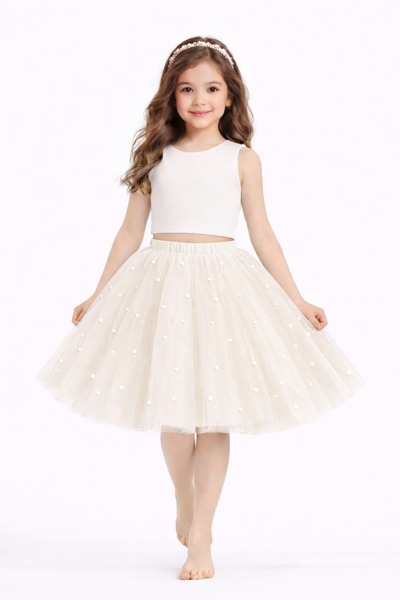 SUNEH Fusta tutu ecru cu detalii perle pentru fete, fusta pentru petrecerea d...