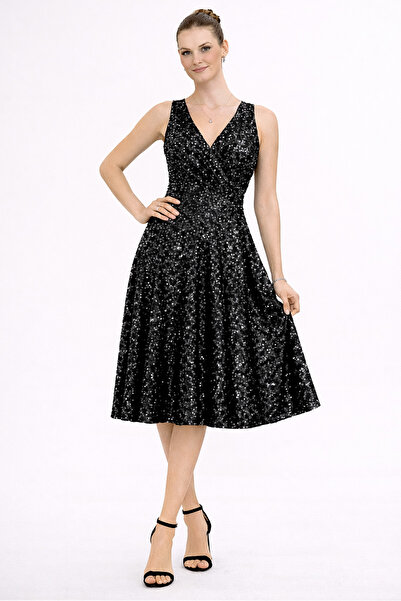 RURIS Women's Black Velvet Sequined Double Breasted Collar Flared Midi Evenin...