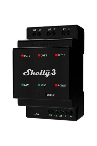 Shelly Pro 3, Contor de Energie, Din Rail, 3 canale, 48A, Negru