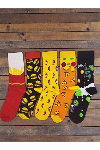 GSocks Patates Kızartması, Hamburger, Pizza, Mojito ve Acı Biber Desenli 5'li...