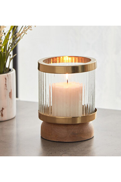 Liv Glass Metal Candleholder with Wooden Base - 11 x 11 x 15 cm
