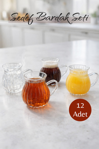 Kitchen Way 12’li 200 ML Borosilikat Kulplu Çizgi Desenli Cam Bardak Seti Isı...