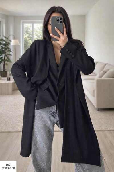 LUV STUDİOS CO Black Premium Quality Pinstripe Shawl Collar Detailed Blazer J...