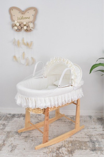 WASL ALKHAIR مهد مواليد سلة موسى خسف قماش لون أوف وايت بتصميم أنيق مع قاعدة خ...