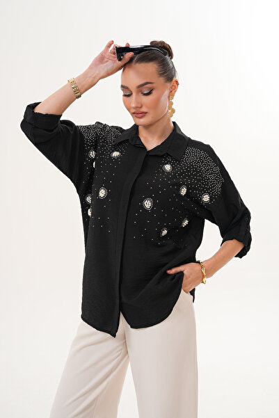 ZENA BY ÇETİN LEVENT Pearl Stone Embellished Look Casual Loose Fit Women's Shirt