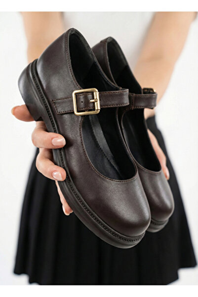 GİAMGİA STORE Kadın Acı Kahve Kalın Tabanlı Tokalı Bantlı Loafer Günlük Ayakkabı