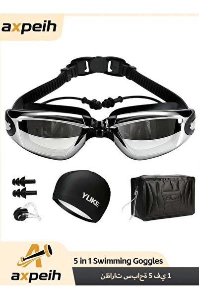 Axpeih طقم نظارات سباحة مضاد للضباب مع غطاء وسدادات أذن ومشبك أنف، مقاوم للأش...