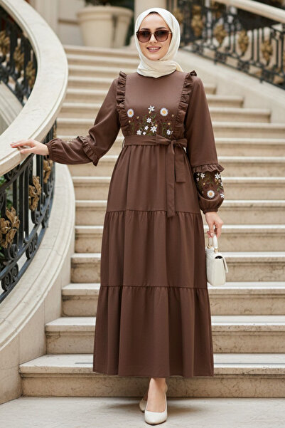 N.S NEVA STYLE Patterned Brown Hijab Dress 10327Kh