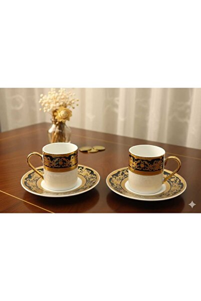 decovien Deco Vi̇en Osmanli Motifed Black-Gold 2-Piece Porcelain Coffee Cup Set