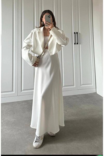 MAESTRO WOMAN Kadın Beyaz Uzun Beli Lastikli Saten Etek