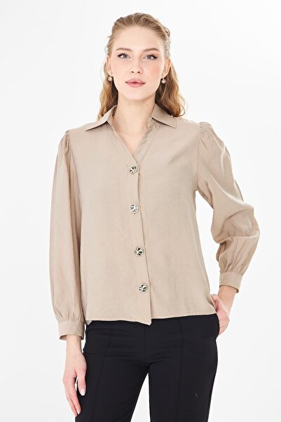 Sortie Women's Drawstring V-Neck Beige Modal Shirt