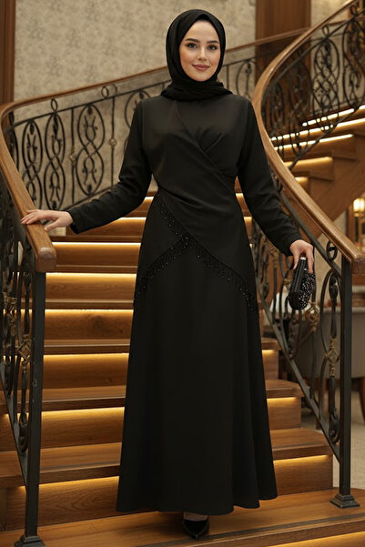 N.S NEVA STYLE Μαύρο Σατέν Βραδινό Φόρεμα Τεσεττούρ 6274S