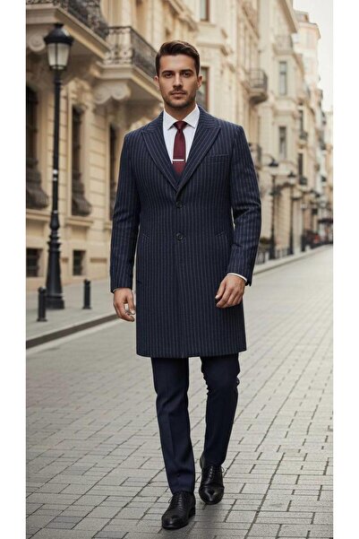 Salihtarzz Erkek Mono Yaka Çizgili Lacivert Palto SD42322