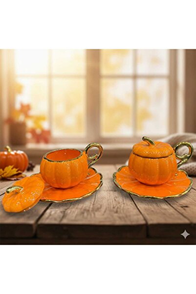 decovien Deco Vi̇en Orange Pumpkin 2-Piece Porcelain Coffee Cup Set