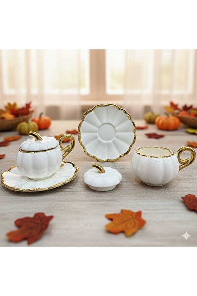 decovien Deco Vi̇en White Pumpkin 2-Piece Porcelain Coffee Cup Set