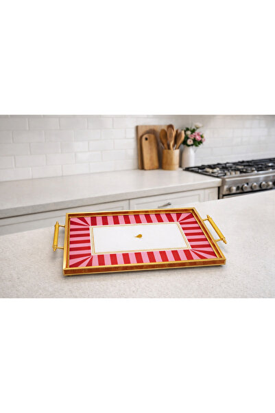 KELEN DEKORASYON Pembe Kuşlu Çay Kahve Tepsisi Gold Detaylı