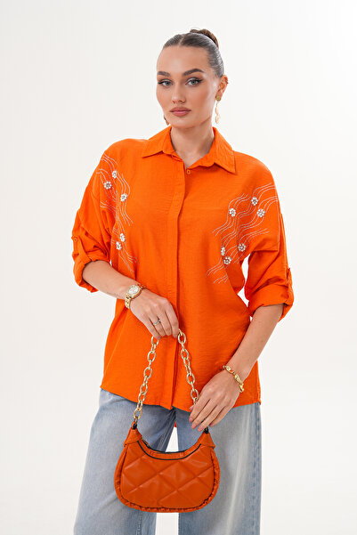 ZENA BY ÇETİN LEVENT Pearl and Stone Embellished Loose Cut Women's Shirt |   ...