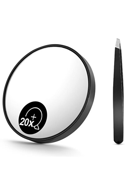 Choice طقم مرآة مكبرة سوداء مكون من قطعتين، 20X (200R)، مع ملقط للحواجب، 3.5 ...