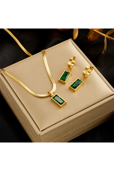 Choice Set AKOL 316L Stainless Steel Rectangle Green Crystal Zircon Pendant N...