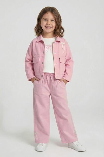 Dmb سترة دنيم ملونة مطرزة بفيونكة للفتيات من عمر 4-9 سنوات باللون الوردي