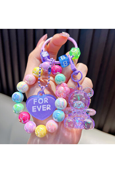 Choice PURPLE Kawaii Bear, Rabbit Animation Keychain, Acrylic Color Beaded Mo...