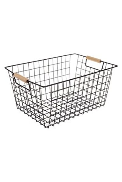 SHOPIENS Black Metal Basket with Wooden Handles 39.5 x 26 x 19 cm