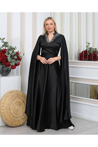 Diazz Fashion Pelerin Kollu V Yaka Kristal Taş İşlemeli Saten Abiye Elbise