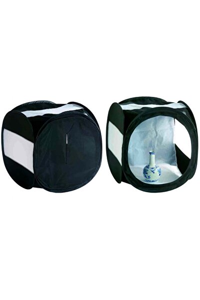 Generic Black foldable diffusion tent with white side strips for product phot...