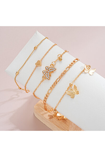 Choice AYA 6109901 5 Pcs Gold Color Vintage Butterfly Anklet Set For Women Bo...