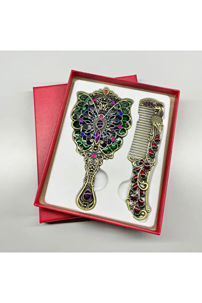 Choice cyan Creative Retro Peacock Open Screen Small Mirror Handle Metal Make...