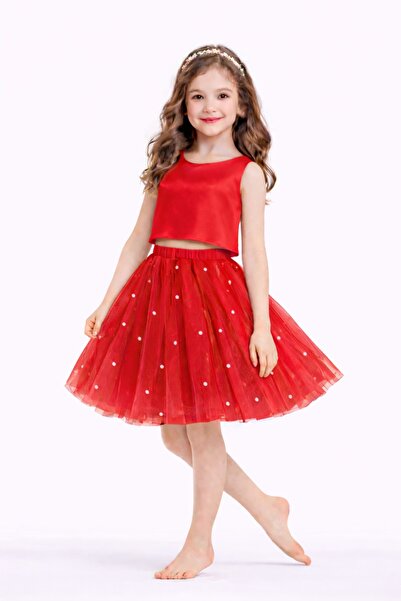 SUNEH Kız Çocuk İnci Detaylı Kırmızı Tütü Etek Doğum Günü Mezuniyet Parti Etek