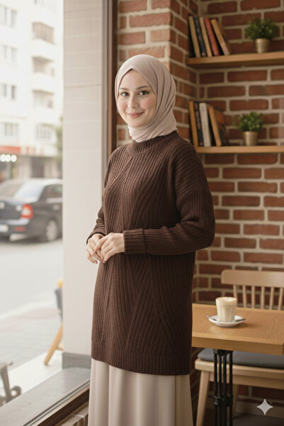 Kirazgym Stripe Patterned Soft Knitwear Sweater with Crew Neck - Dark Brown