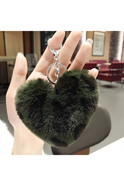Choice Heart Green Plush Leopard Fur Ball Keychain Heart Design Car Key Penda...