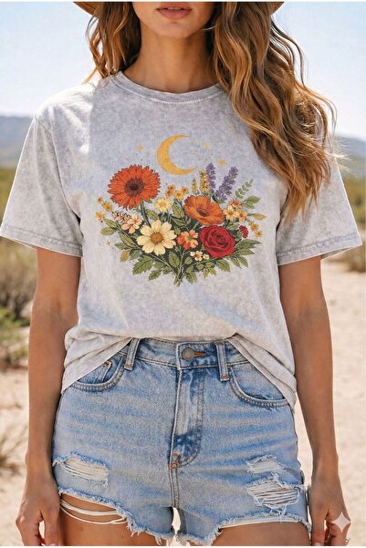 BW Bravely Wear تيشيرت نسائي أساسي برقبة دائرية مطبوع عليه الورد والبابونج