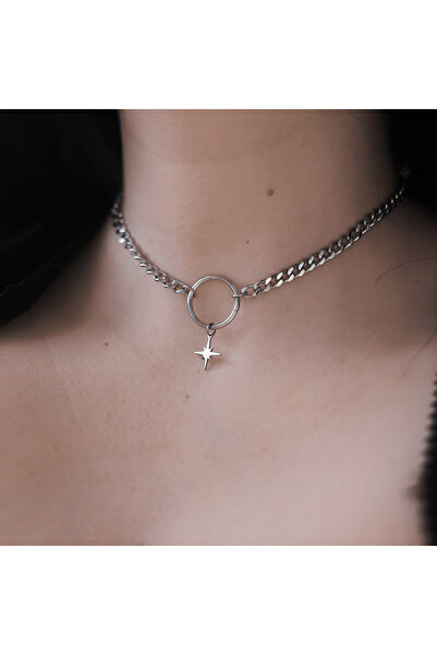 Choice قلادة تشوكر فضية اللون بتصميم قوطي بانك، مزينة بنجمة وحلقة دائرية، مصن...