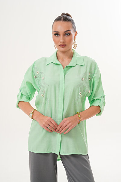 ZENA BY ÇETİN LEVENT Pearl and Stone Embellished Loose Cut Women's Shirt |   ...