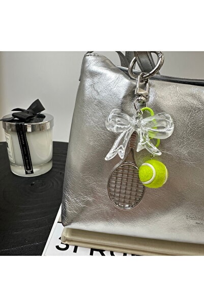 Choice Silver Alloy Tennis Racket-Shaped Keychain With Acrylic Printed Bow-Kn...