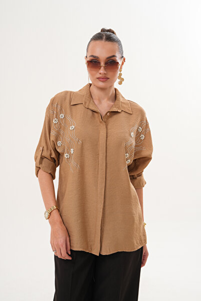 ZENA BY ÇETİN LEVENT Pearl and Stone Embellished Loose Cut Women's Shirt |   ...